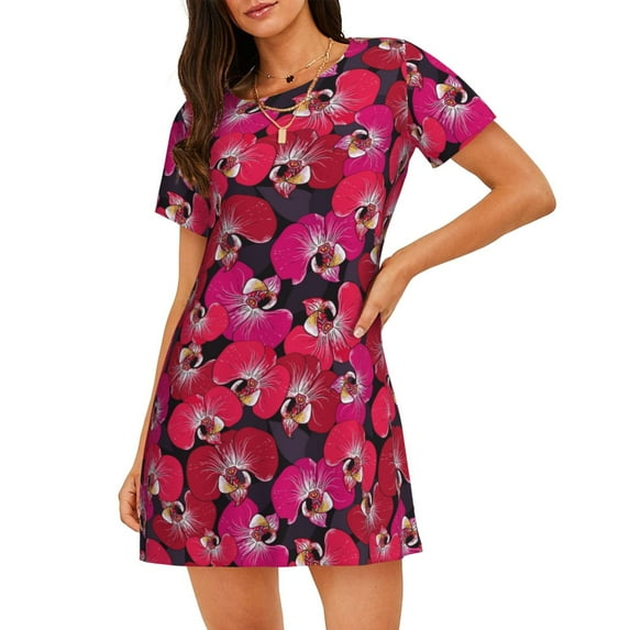 Vsdgher Orchids Flowers Pattern Womens Short Sleeve Sleepshirt Scoopneck Cute Nightdress Ruffle Comfy Nightgown