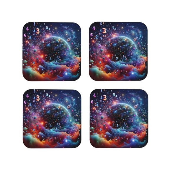 Vsdgher Outer Space Floating Numbers And Letters Leather Coasters for Drinks, Durable Drink Coasters 4 Set for Tabletop Protection, Luxurious Home Décor and Housewarming Gift ( {designName})Square