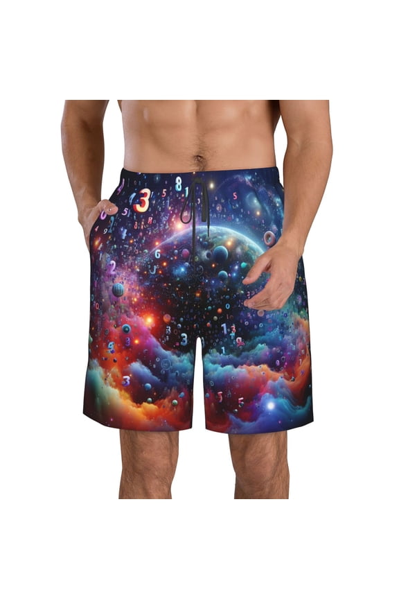 Outer Space Floating Numbers And Letters Men's Beach Shorts, Surfing shorts, Swim trunks, Quick Dry Swim Trunks for Surfing Beach Fun -X-Large