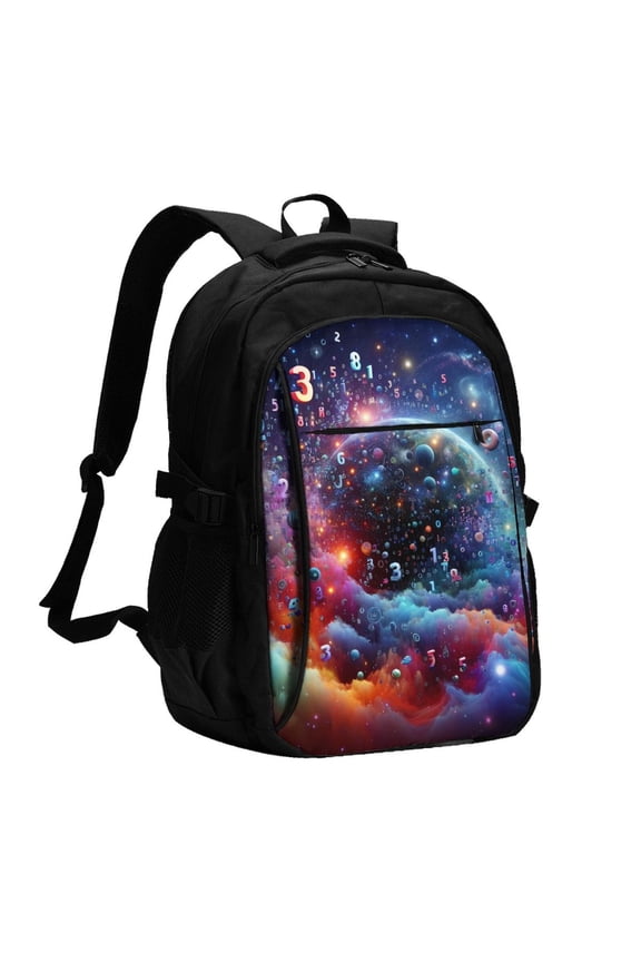 Outer Space Floating Numbers And Letters Print Travel Laptop Backpack, Laptops Backpack with USB Charging Port, Water Resistant Computer Bag Gift for Men & Women
