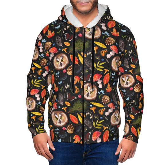 Vsdgher Owl And Leaves Mens Hoodies Zip Hoodie, Hoodies for Men, Zip-up Hooded Sweatshirt-X-Large