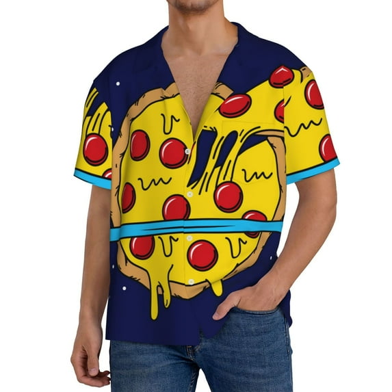 Vsdgher PLANETA EN FORMA DE PIZZA Men's Cuban Shirt, Hawaiian Shirts, Business Casual Button Down Shirts, Short Sleeve Shirt-Small