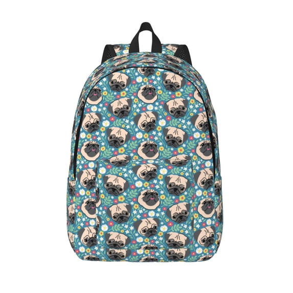 Vsdgher PUG HEAD And Flower Print Canvas Backpack Travel Rucksack Unisex Knapsack 15.7/17.7Inch Laptop Backpack for Work,College -Medium