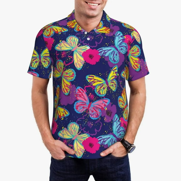 Vsdgher Paint Butterflies Polo Shirts for Men, Men's Short Sleeve Stretch Polo Shirt, Shirts for Men-X-Large