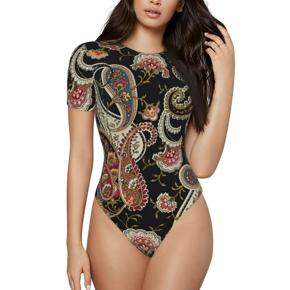 Vsdgher Paisley6 Prinr Short Sleeve Body suit for Womens, Sexy Onesie One Piece Round Neck Bodysuit Shapewear Tummy Control-Medium