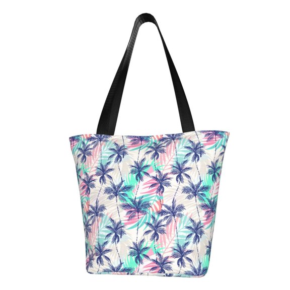 Vsdgher Palm Leaves print Reusable Shopping Grocery Bags for Women Shopping with Pouch Foldable Pouch Lightweight Polyester Fabric