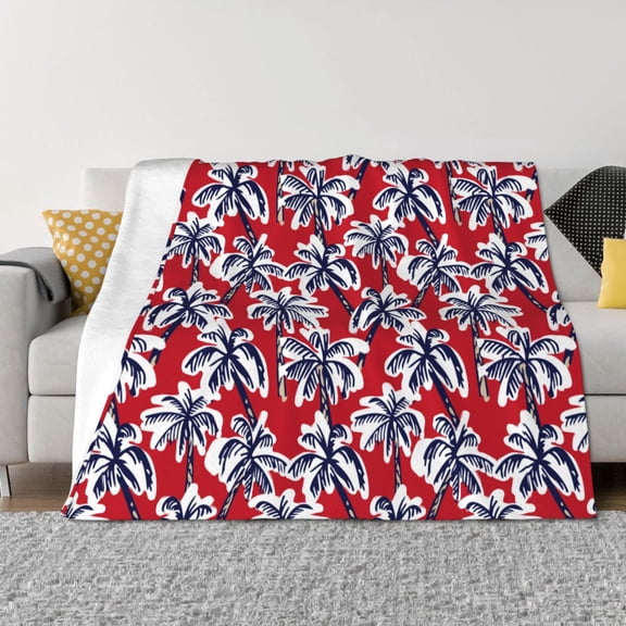 Vsdgher Palm Tree Pattern on Red Pattern Fleece Throw Blanket, Horizontal Fleece Bedding Home Decor for Couch & Bed All Season Use -80"x60"