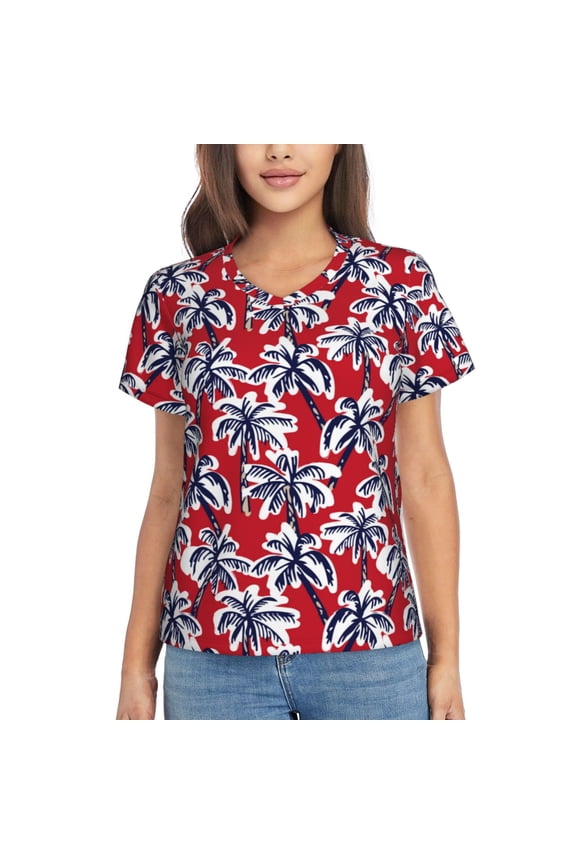 Palm Tree Pattern on Red Women Shirts V Neck Short Sleeve Tops T-Shirt Basic Tees, S to 3XLMedium