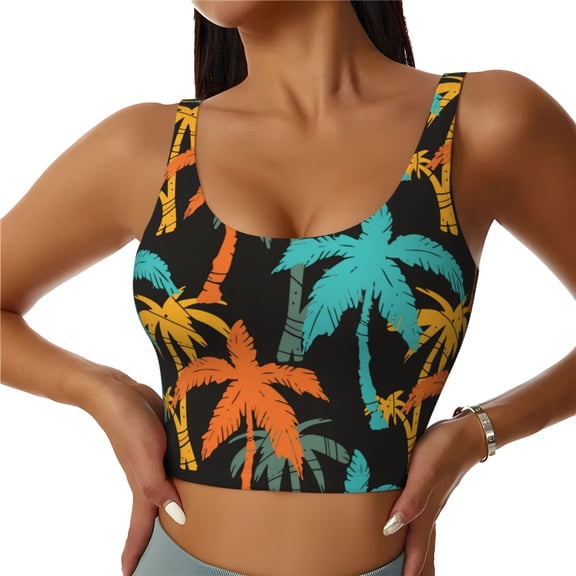 Vsdgher Palm Trees Print Women Sleeveless Athletic Tank Top Built-in Bra Camisole Sports Vest for Yoga Running Fitness Exercise with Removable Pads