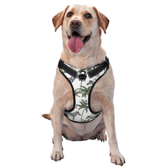 Vsdgher Palm Trees Zebra Pattern Dog Harness,No Pull Pet Harness with Soft Padded Handle,Adjustable Reflective Vest with 2 Buckles,4 Slide Buckles,S-XL