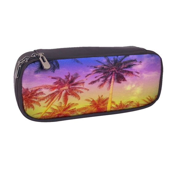 Vsdgher Palm Trees at Sunset Print Pen Case Leather Pencil Pouch Markers Holder Big Capacity Bag with Zippered Pocket for Stationery Tool