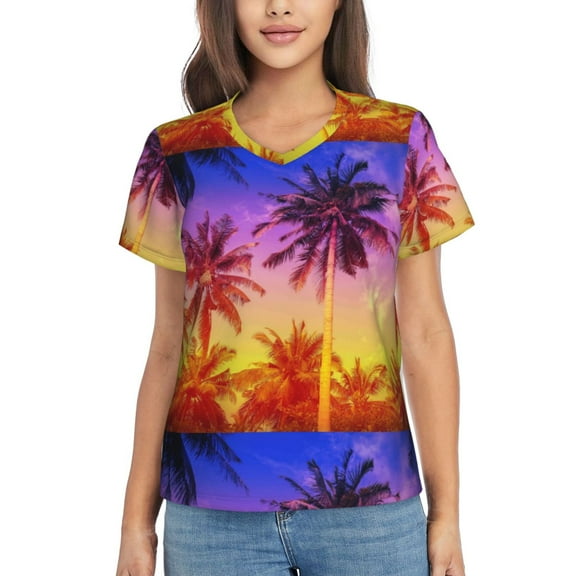Vsdgher Palm Trees at Sunset Women Shirts V Neck Short Sleeve Tops T-Shirt Basic Tees, S to 3XLSmall