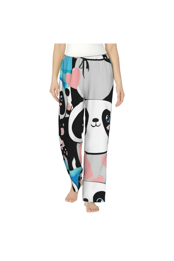 Panda Cute Pink Hearts Women’s Womens Pajama Pants, Lounge Wide Leg PantsLounge Pants,Sleep Bottoms, Lounge for Women-Medium
