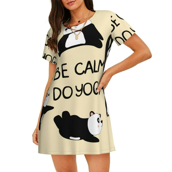 Vsdgher Panda Doing Yoga Pattern Womens Short Sleeve Sleepshirt Scoopneck Cute Nightdress Ruffle Comfy Nightgown