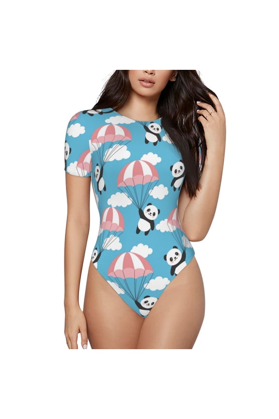 Panda Flying in the Sky Prinr Short Sleeve Body suit for Womens, Sexy Onesie One Piece Round Neck Bodysuit Shapewear Tummy Control-X-Large