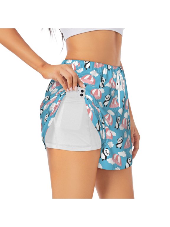 Panda Flying in the Sky Print Women's Running Double Layer Shorts High Waisted with Pockets Elastic Yoga Workout Athletic Gym Sports