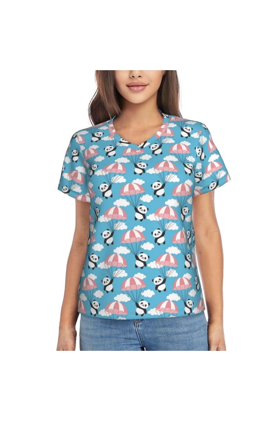 Panda Flying in the Sky Women Shirts V Neck Short Sleeve Tops T-Shirt Basic Tees, S to 3XLSmall