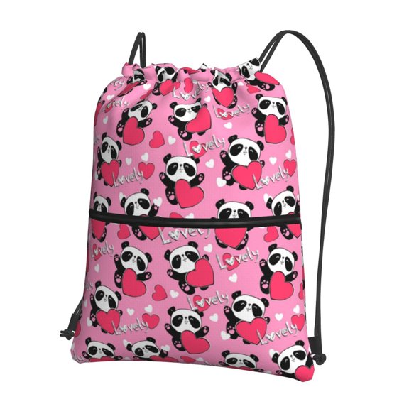 Vsdgher Panda Heart Valentine Drawstring Backpack Water Resistant String Bag Sports Sackpack Gym Sack for Men Women