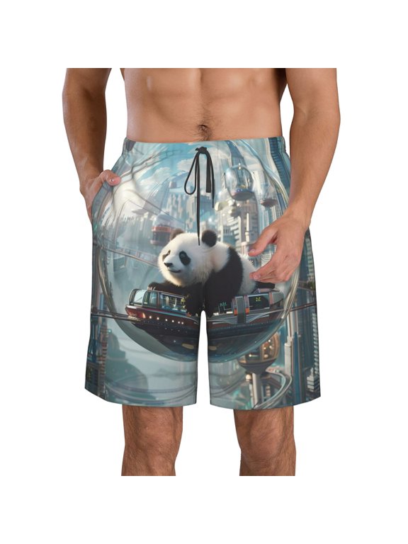 Panda In Futuristic City Men's Beach Shorts, Surfing shorts, Swim trunks, Quick Dry Swim Trunks for Surfing Beach Fun -Small