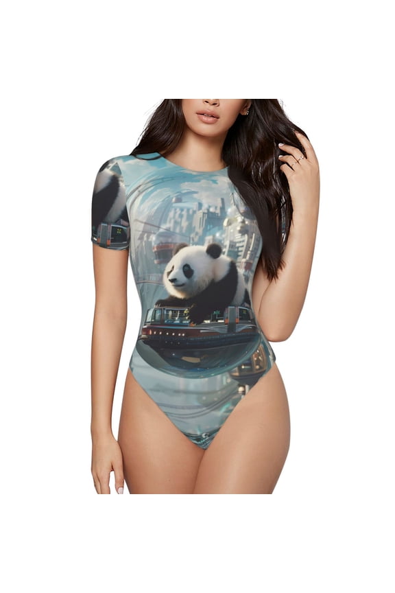 Panda In Futuristic City Prinr Short Sleeve Body suit for Womens, Sexy Onesie One Piece Round Neck Bodysuit Shapewear Tummy Control-Medium