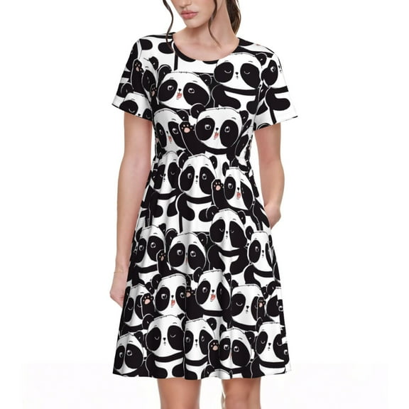 Vsdgher Panda for Womens Summer 2025 Casual Midi Maxi Dresses Lightweight Short Sleeve Round Neck Beach Dress -XX-Large