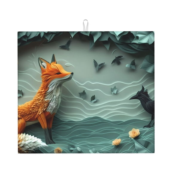 Vsdgher Paper Fox Crow Fantasy Print Dish Drying Mat, Kitchen Counter Mat, Dish Drying Pad for Dishes, Utensils, Pots and Pans,16" x 18"