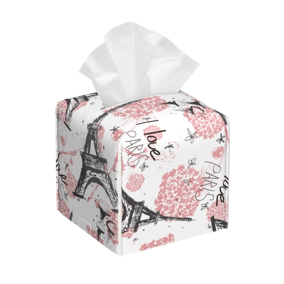 Vsdgher Paris Pattern Tissue Box Cover Holder, Square with Bottom Belt by Leather Decorative Organizer for Tabletop, Bathroom, Car, Office