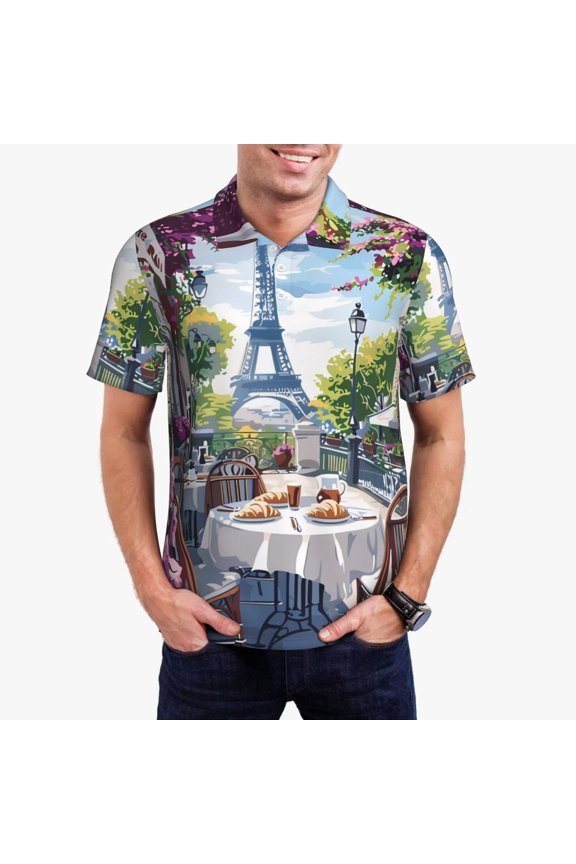 Parisian Cafe With Eiffel Polo Shirts for Men, Men's Short Sleeve Stretch Polo Shirt, Shirts for Men-XX-Large