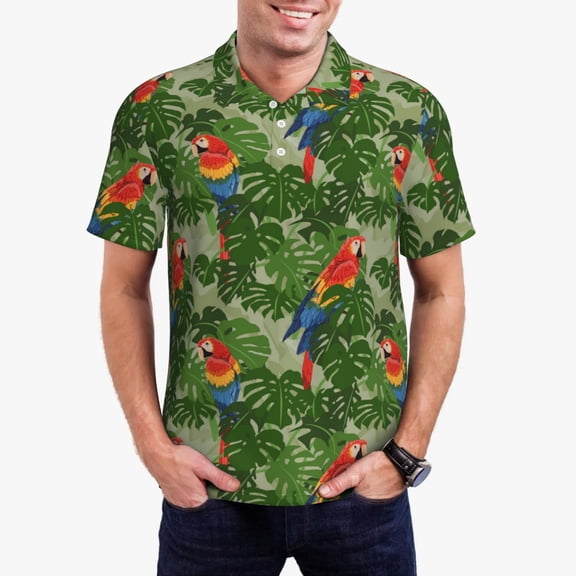 Vsdgher Parrots And Tropical Leaves Polo Shirts for Men, Men's Short Sleeve Stretch Polo Shirt, Shirts for Men-Small
