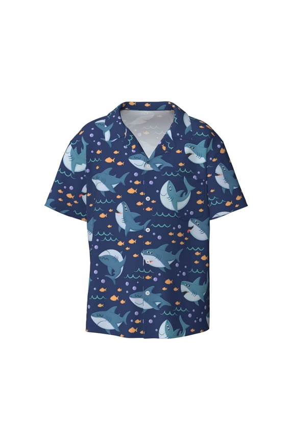 Party Shark Cut Print Men's Wrinkle Free Untucked Cuban Shirt Business Casual Button Down Shirts Short Sleeve Shirt