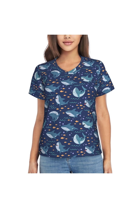 Party Shark Cut Women Shirts V Neck Short Sleeve Tops T-Shirt Basic Tees, S to 3XLSmall