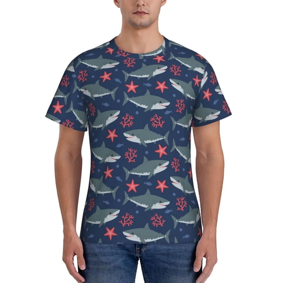 Vsdgher Party Shark Cute Print Men's Dry Fit Mesh Athletic Shirts Moisture Wicking Tennis T-Shirt Tops