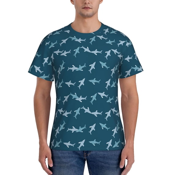 Vsdgher Party Shark Cute Print Men's Dry Fit Mesh Athletic Shirts Moisture Wicking Tennis T-Shirt Tops