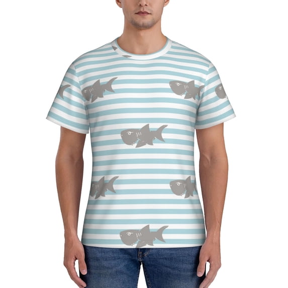 Vsdgher Party Shark Cute Print Men's Dry Fit Mesh Athletic Shirts Moisture Wicking Tennis T-Shirt Tops