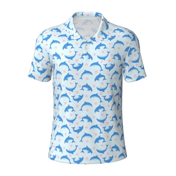 Vsdgher Party Shark Cute Print Men's Short Sleeve Stretch Polo Shirt, Moisture-Wicking Performance Polo Shirt