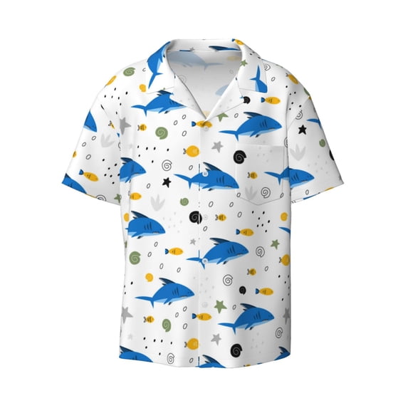 Vsdgher Party Shark Cute Print Men's Wrinkle Free Untucked Cuban Shirt Business Casual Button Down Shirts Short Sleeve Shirt