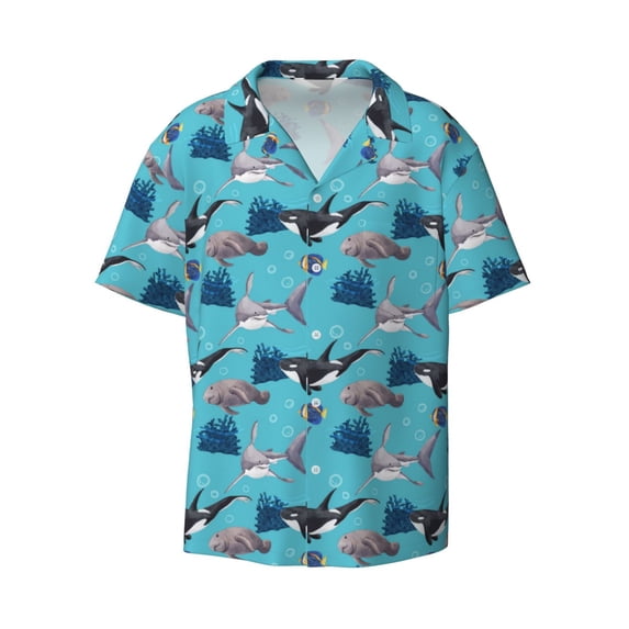 Vsdgher Party Shark Cute Print Men's Wrinkle Free Untucked Cuban Shirt Business Casual Button Down Shirts Short Sleeve Shirt