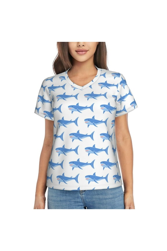 Party Shark Cute Women Shirts V Neck Short Sleeve Tops T-Shirt Basic Tees, S to 3XLSmall