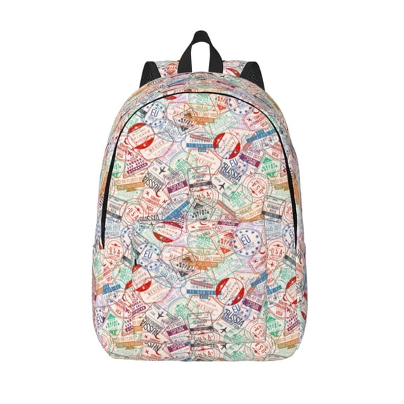 Vsdgher Passport Stamp Print Canvas Backpack Travel Rucksack Unisex Knapsack 15.7/17.7Inch Laptop Backpack for Work,College -Medium