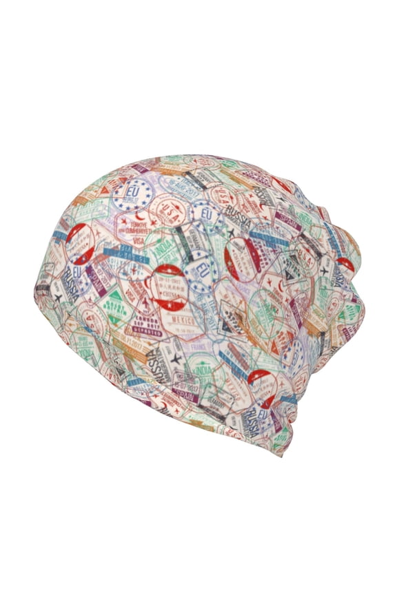 Passport Stamp Slouchy Beanie Hat for Men/Women, Skull Cap Chemo Cap Night Sleeping Cap