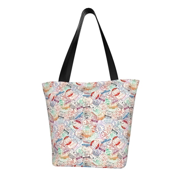 Vsdgher Passport Stamp print Reusable Shopping Grocery Bags for Women Shopping with Pouch Foldable Pouch Lightweight Polyester Fabric