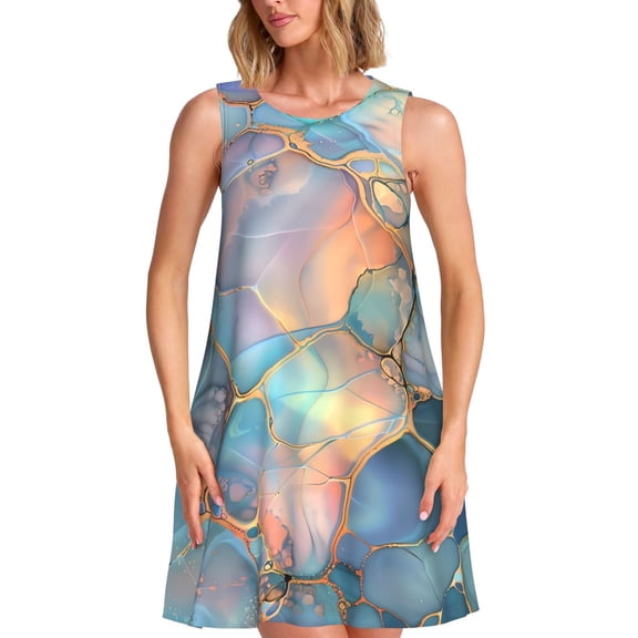 Vsdgher Pastel Abstract Fluid Art Print Summer Dresses for Women Casual U Neck Beach Dress Sleeveless Tank Loose Sundress with Pocket -Large