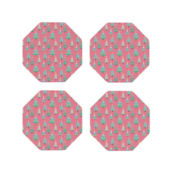 Vsdgher Pastel Christmas Trees on Pink Leather Coasters for Drinks, Durable Drink Coasters 4 Set for Tabletop Protection, Luxurious Home Décor and Housewarming Gift-Octagon