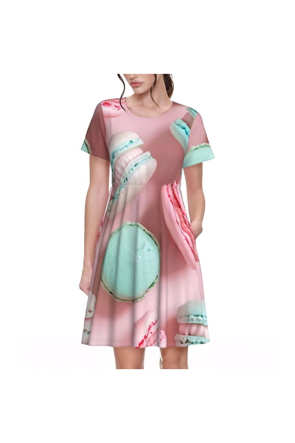 Pastel Macarons Delight for Womens Summer 2025 Casual Midi Maxi Dresses Lightweight Short Sleeve Round Neck Beach Dress -Medium