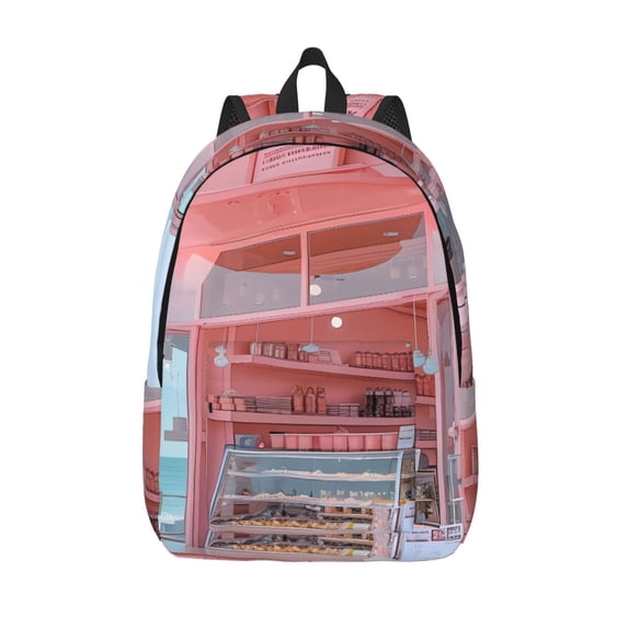 Vsdgher Pastel Pink Beach Cafe Print Canvas Backpack Travel Rucksack Unisex Knapsack 15.7/17.7Inch Laptop Backpack for Work,College -Small