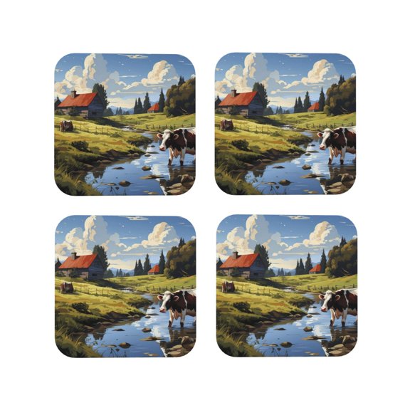 Vsdgher Pasture Cow A Leather Coasters for Drinks, Durable Drink Coasters 4 Set for Tabletop Protection, Luxurious Home Décor and Housewarming Gift ( {designName})Square