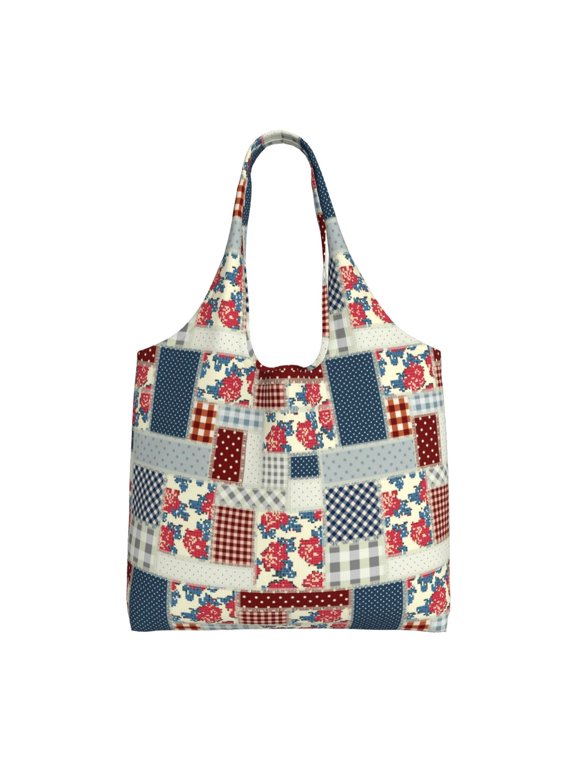 Patchwork In Country Style Print canvas Tote Bag, Lightweight Cloth Bags, Suitable for shopping, groceries, travel