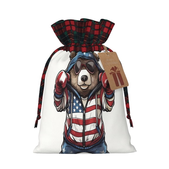Vsdgher Patriotic Boxing Bear Art Christmas Drawstring Bags Xmas Burlap Bags Pouches Xmas Elements Wrapping Bags for Candy Goody Birthday Wedding-Black