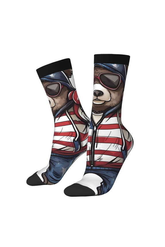 Patriotic Boxing Bear Art Crew Socks for Men & Women, Breathable Casual Athletic Ankle Socks