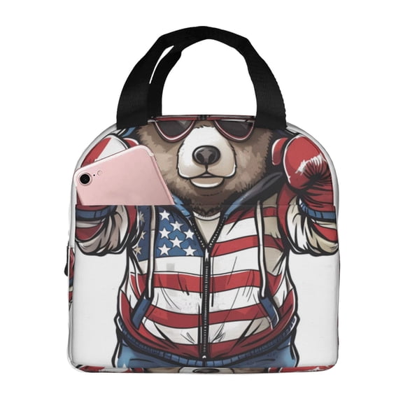 Vsdgher Patriotic Boxing Bear Art Lunch Bag, Lunch Box for Women Adult Men, Lunch Tote Insulated Cooler Lunch Container for Work/Office/Picnic/Travel